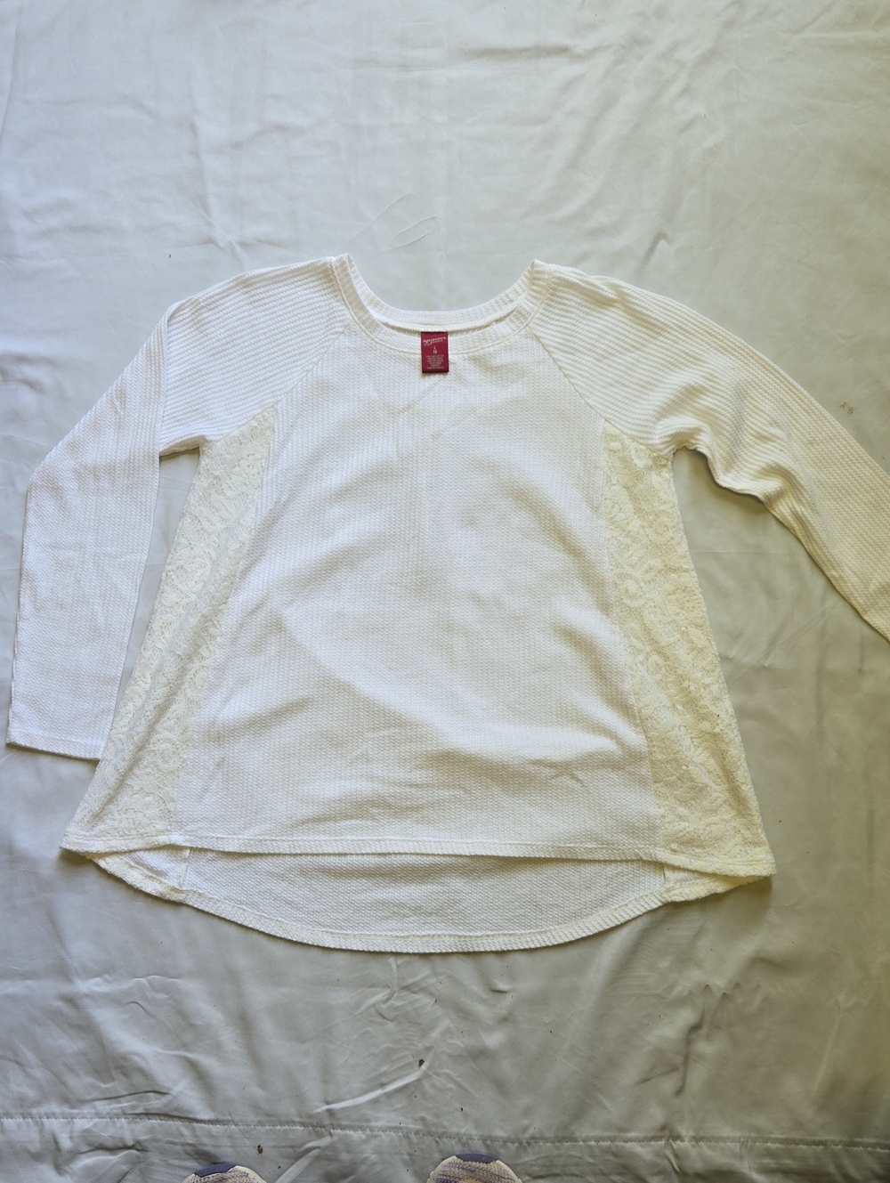 Arizona Jean Company Cream Lace-Panel Waffle Knit Long Sleeve Top — Girls